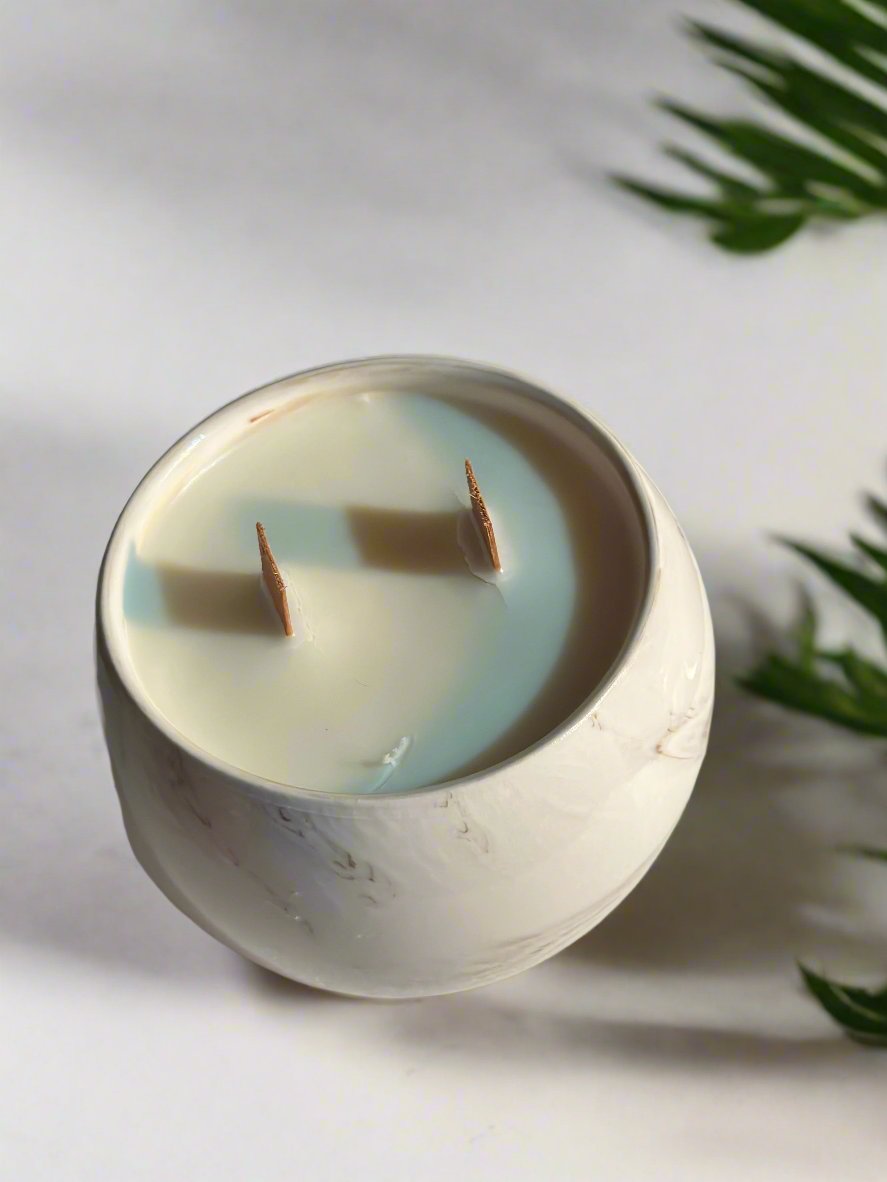 Cactus Flower & Jade 18 oz Marble Ceramic Twin Wooden Wick Candle