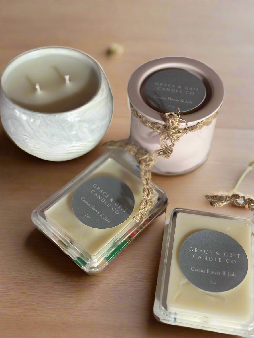 Cactus Flower & Jade 18 oz Marble Ceramic Twin Wooden Wick Candle