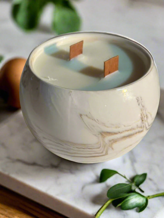 Cactus Flower & Jade 18 oz Marble Ceramic Twin Wooden Wick Candle