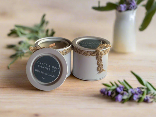 White Sage & Lavender 8 oz soy candle Tin with Lid